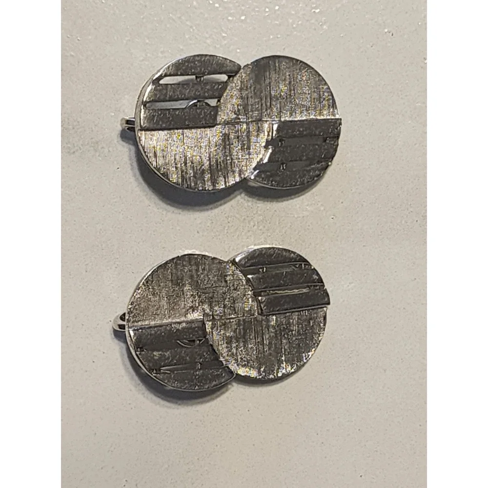 Vintage Crown Trifari Silver Tone Geometric MCM Clip On Earrings Textured Slats